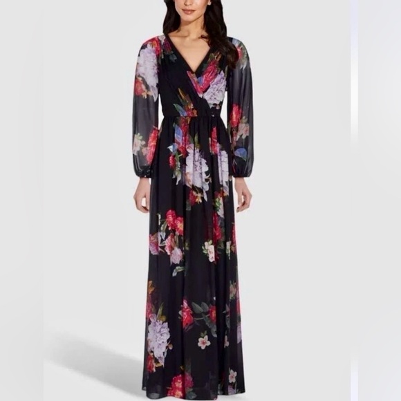 NEW Adrianna Papell chiffon floral v-neck boho long maxi formal wedding guest - Picture 5 of 8